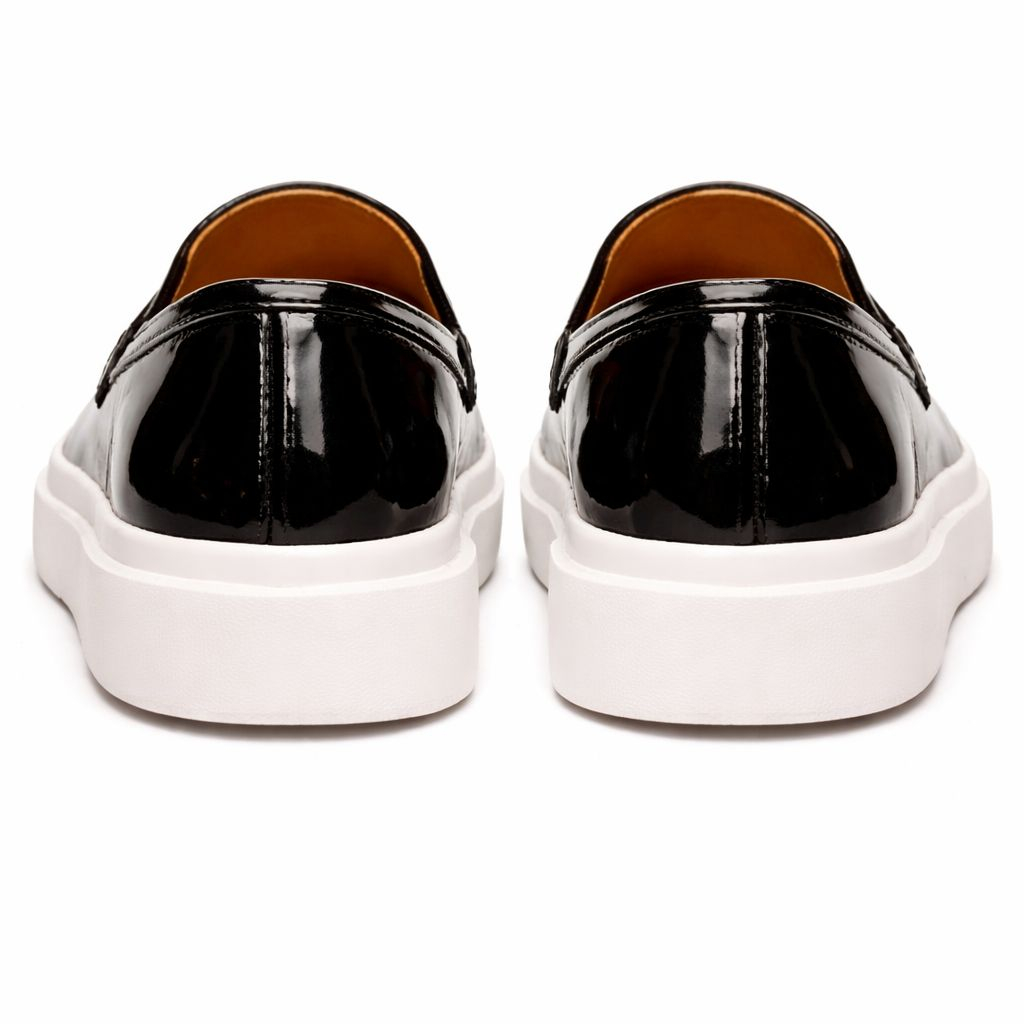 Glossy Black Patent Leather Loafers with White Rubber Sole